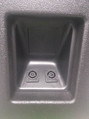 Close up of exterior of the side doors. I recessed the terminal cup so the Speakon connectors wouldn't stick out beyond the side and be crushed when stacking the cabinets on their sides.