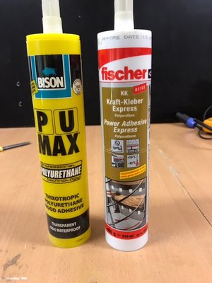 Bought PU glue are available in EU. After some trial I decided behind Fischer KK. If you are well prepared for fast fixing, KK could save plenty of time, due to quick fixing.
