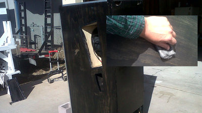 I do a final wipe of the black stain with a fine steel wool to smooth out any irregularities in the surface and staining.