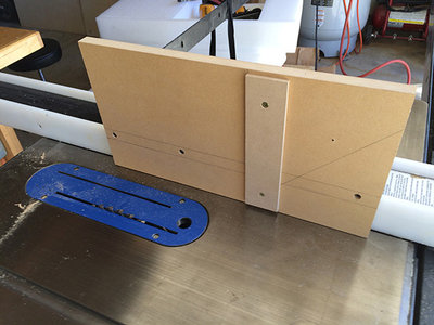 Built this simple tenoning jig to help cut that 57 degree cut. It bridges and rides on the table saw fence.