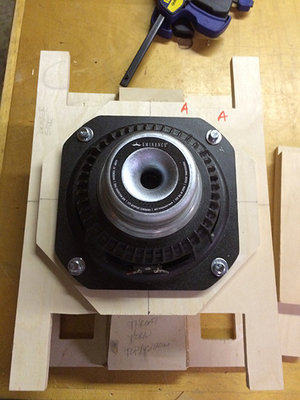 One of the LA-8's installed. I also ticked marked the drivers along their edges to help match up with the center lines on the spacer and baffle.