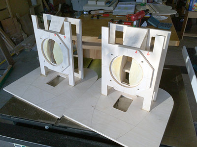 The bottoms attached. Notice the cutouts for the top hats. I'm installing  the adjustable Eminence t-hats as recommended in the plans. (Front view)