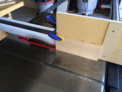 If I understand Tom's idea, here I am cutting a long blank with the proper angle for the nacelles. By my measurement, it's 23/67 degrees. I used my jig that I made previously to get to the angle I needed. I cut two of them.
